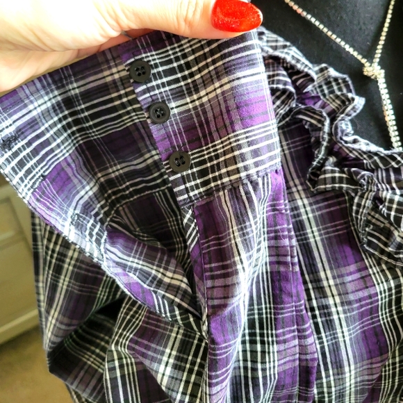BRINA & EM Vintage Plaid Purple Gray Ruffled Top - Picture 6 of 9